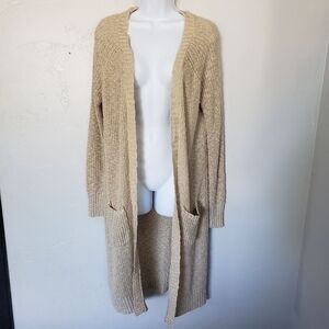 Absolutely Medium Beige Tan Long Sleeve Duster Cardigan Sweater Patch Pockets
